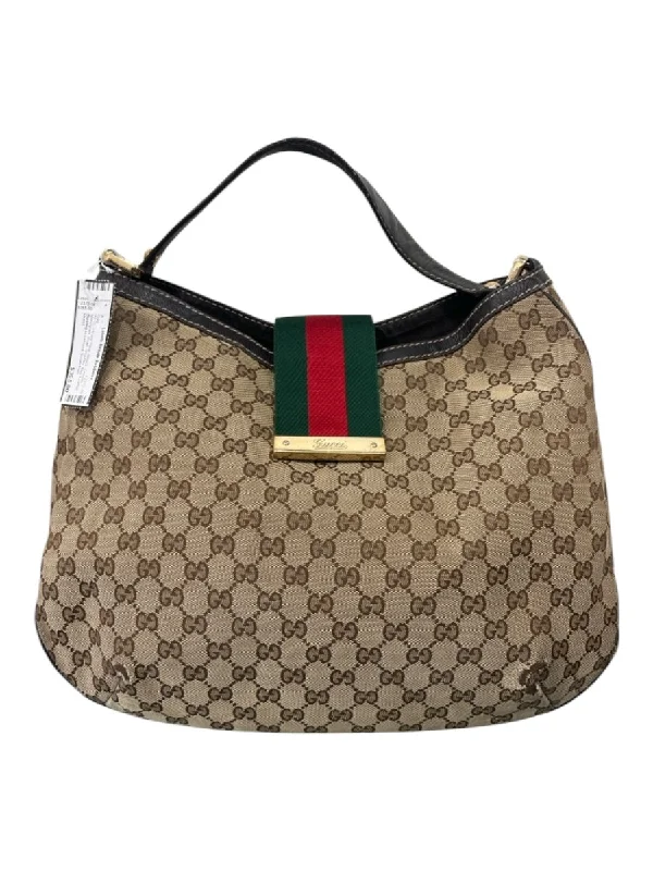 Gucci Brown Canvas Monogram Snap Shoulder Bag Leather trim Bag