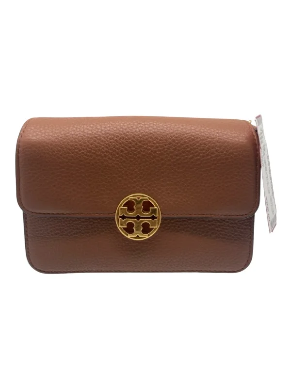 Tory Burch Brown Grained Leather Flap Gold Logo Crossbody Chain Bag