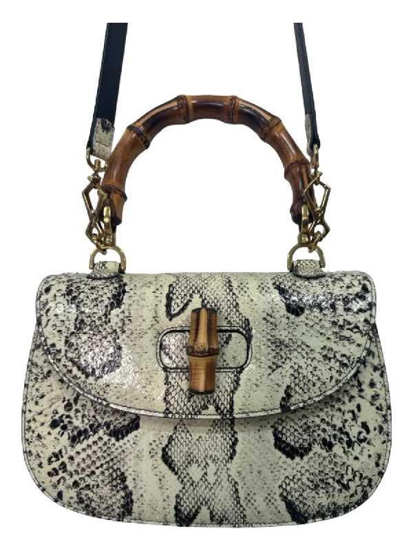 Gucci Cream, black, brown print Python Flap Bamboo Snake Skin Cross Body Bag