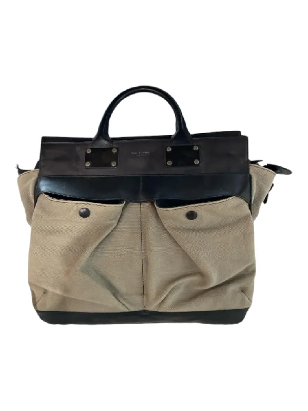 Rag & Bone Taupe & Black Canvas & Leather 2 Handles Top Zip Front Pockets Bag