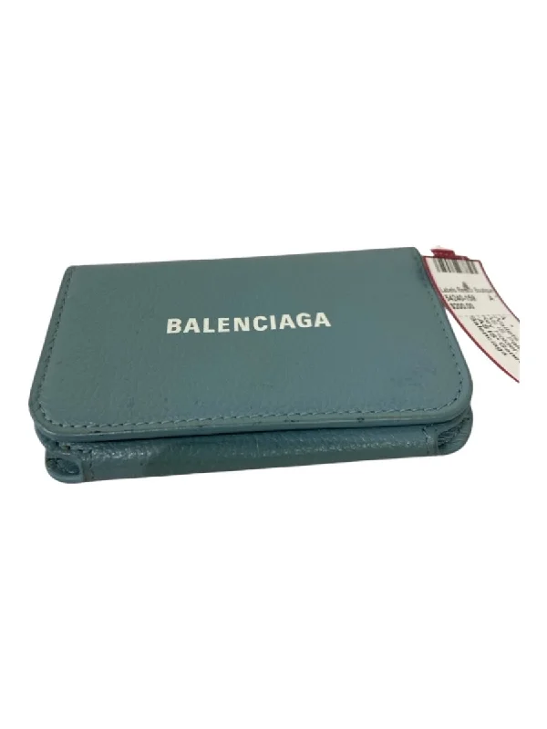 Balenciaga Pale Blue Leather Top Zipper Key Holder Logo Wallets