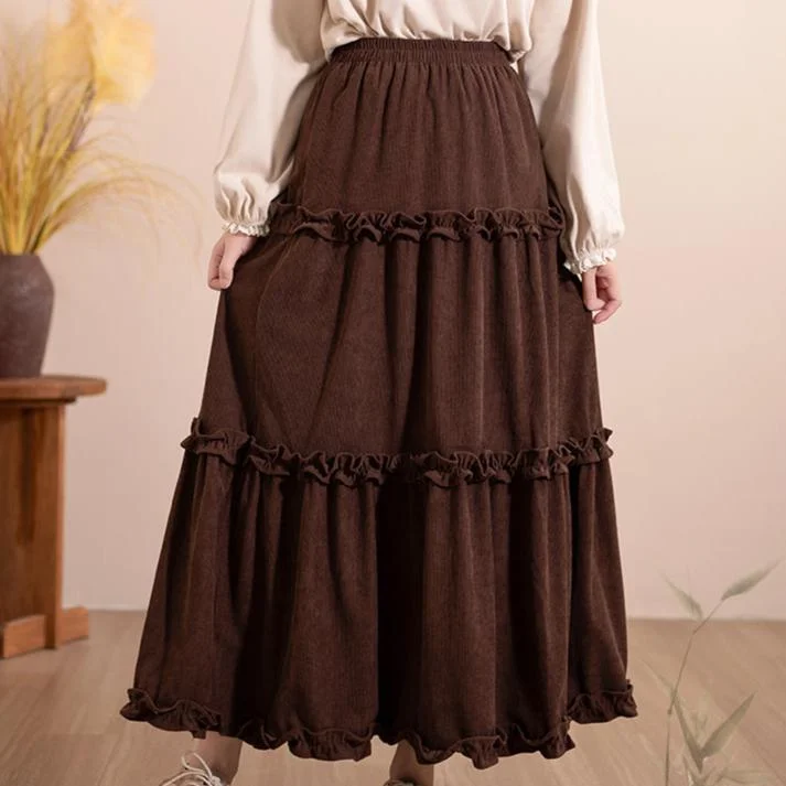 Women Winter Vintage Ruffled Cotton Corduroy Flared Skirt