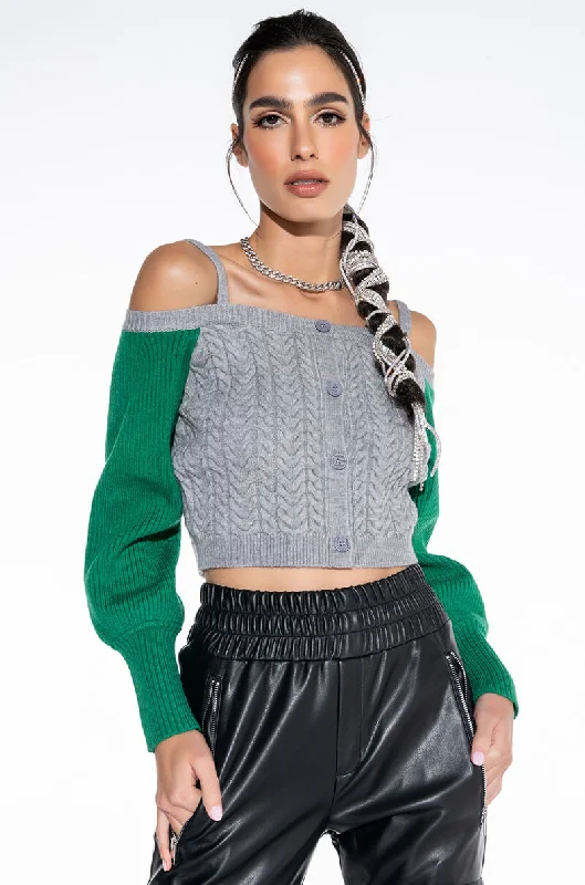 ASPEN OFF THE SHOULDER COLORBLOCK SWEATER