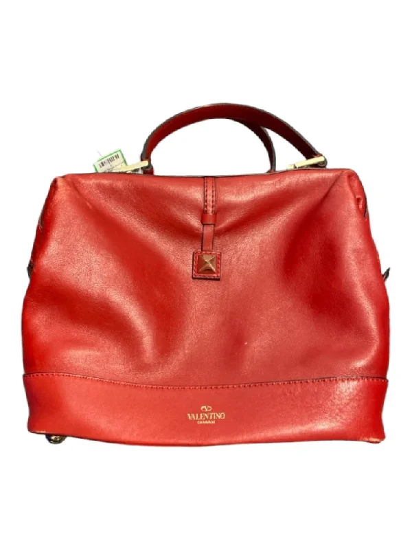 Valentino Garavani Red Leather Top Zipper Top Handle Gold Hardware Bag