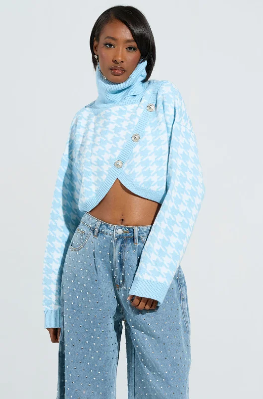 LALA HOUNDSTOOTH PRINT TURTLENECK SWEATER IN BLUE