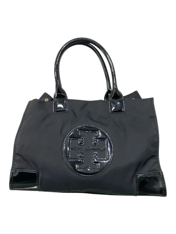 Tory Burch Black Nylon & Patent Leather Shoulder Bag 2 handles Logo Tote Bag