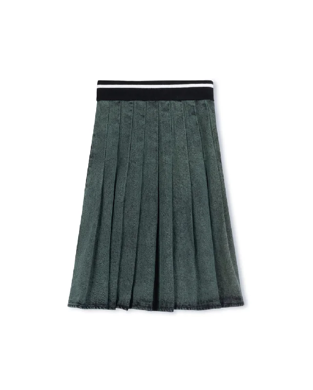 Denim Striped Band Pleated Skirt